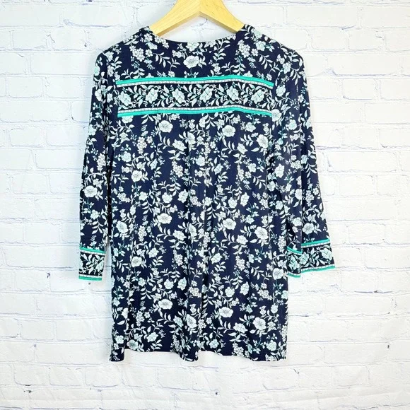 J. Jill Wearever Navy Teal Floral Viscose Stretch Tunic Top Womens Small - Picture 2 of 6